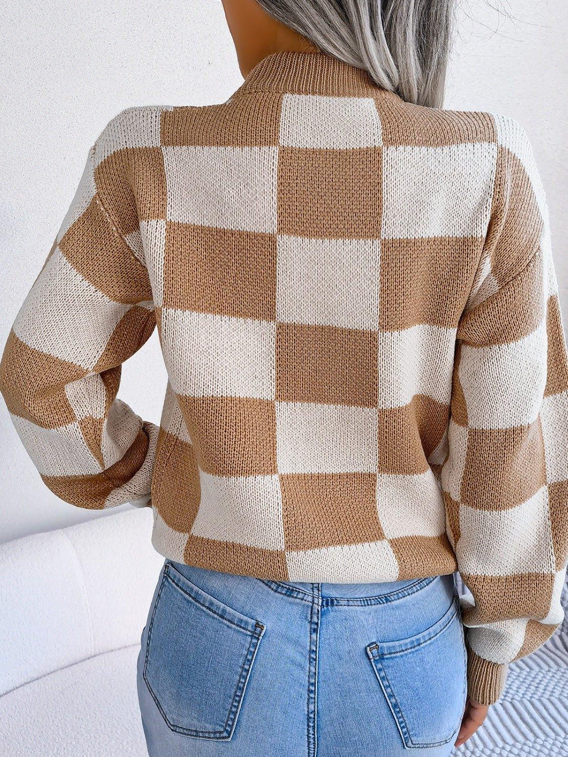 Checkerboard Knit Pullover Sweater - View 8 | WEUXS