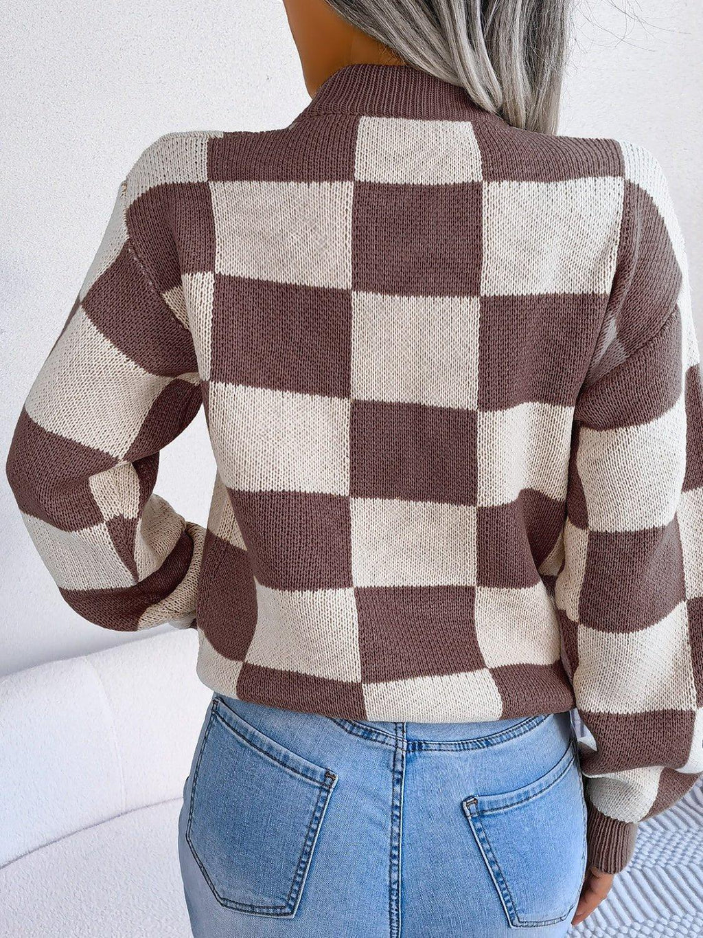 Checkerboard Knit Pullover Sweater - View 23 | WEUXS
