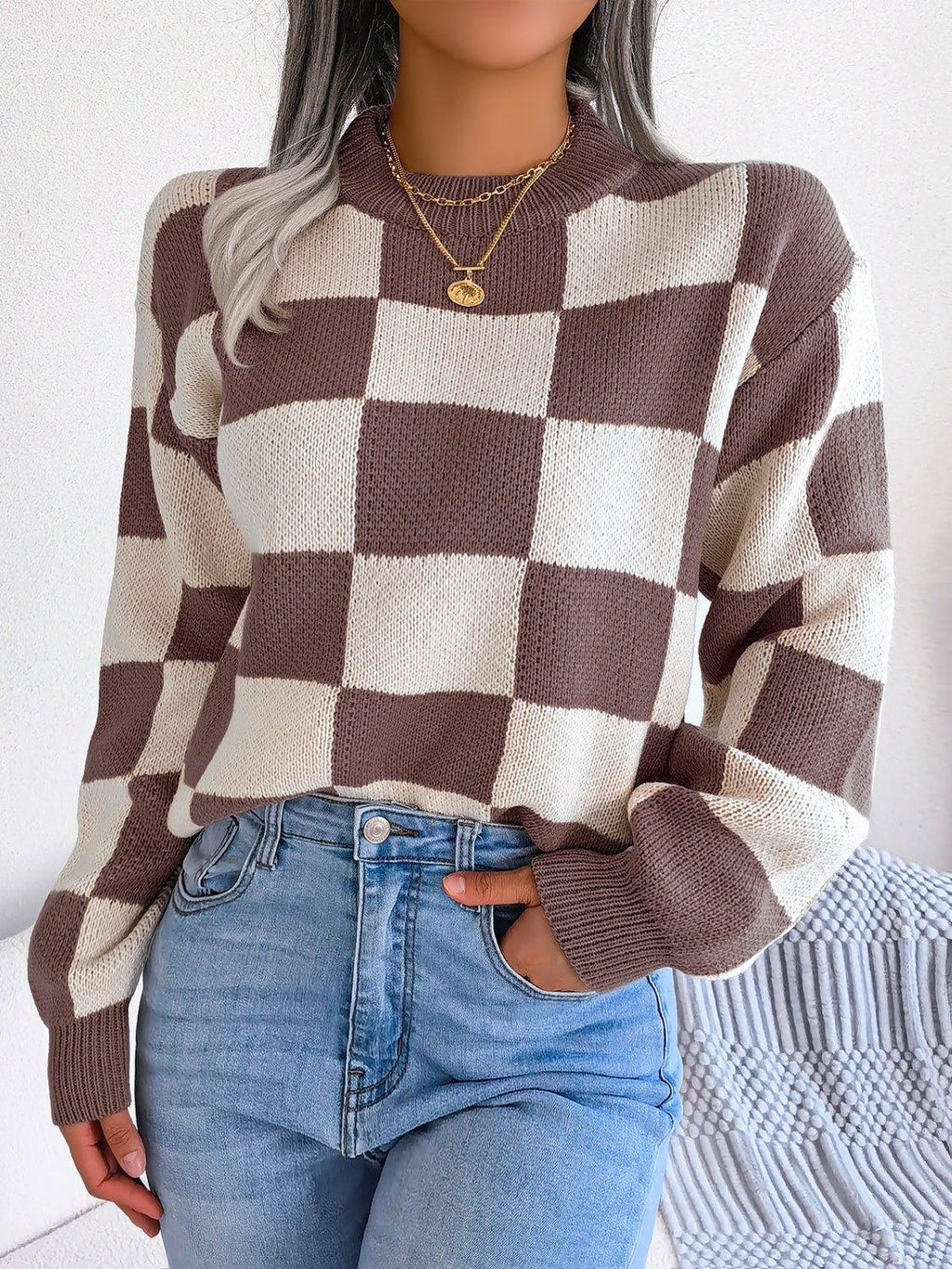 Checkerboard Knit Pullover Sweater - View 20 | WEUXS