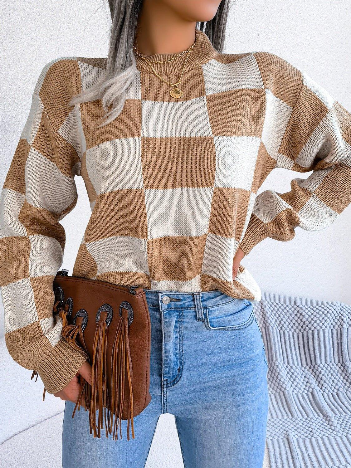 Checkerboard Knit Pullover Sweater - View 10 | WEUXS