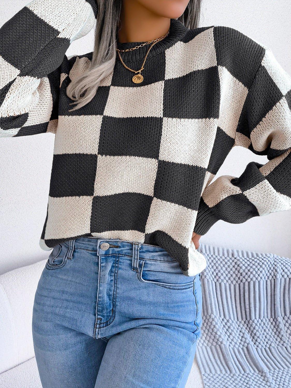 Checkerboard Knit Sweater | Relaxed Fit Pullover Secondary image