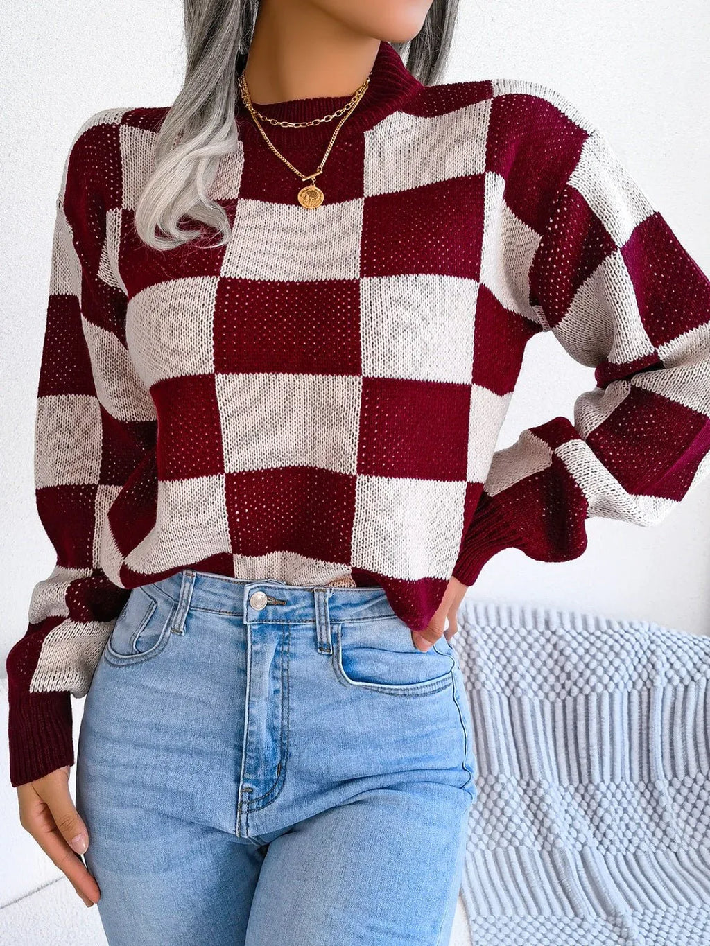 Checkerboard Knit Pullover Sweater - View 13 | WEUXS