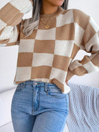Checkerboard Knit Pullover Sweater - View 12 | WEUXS