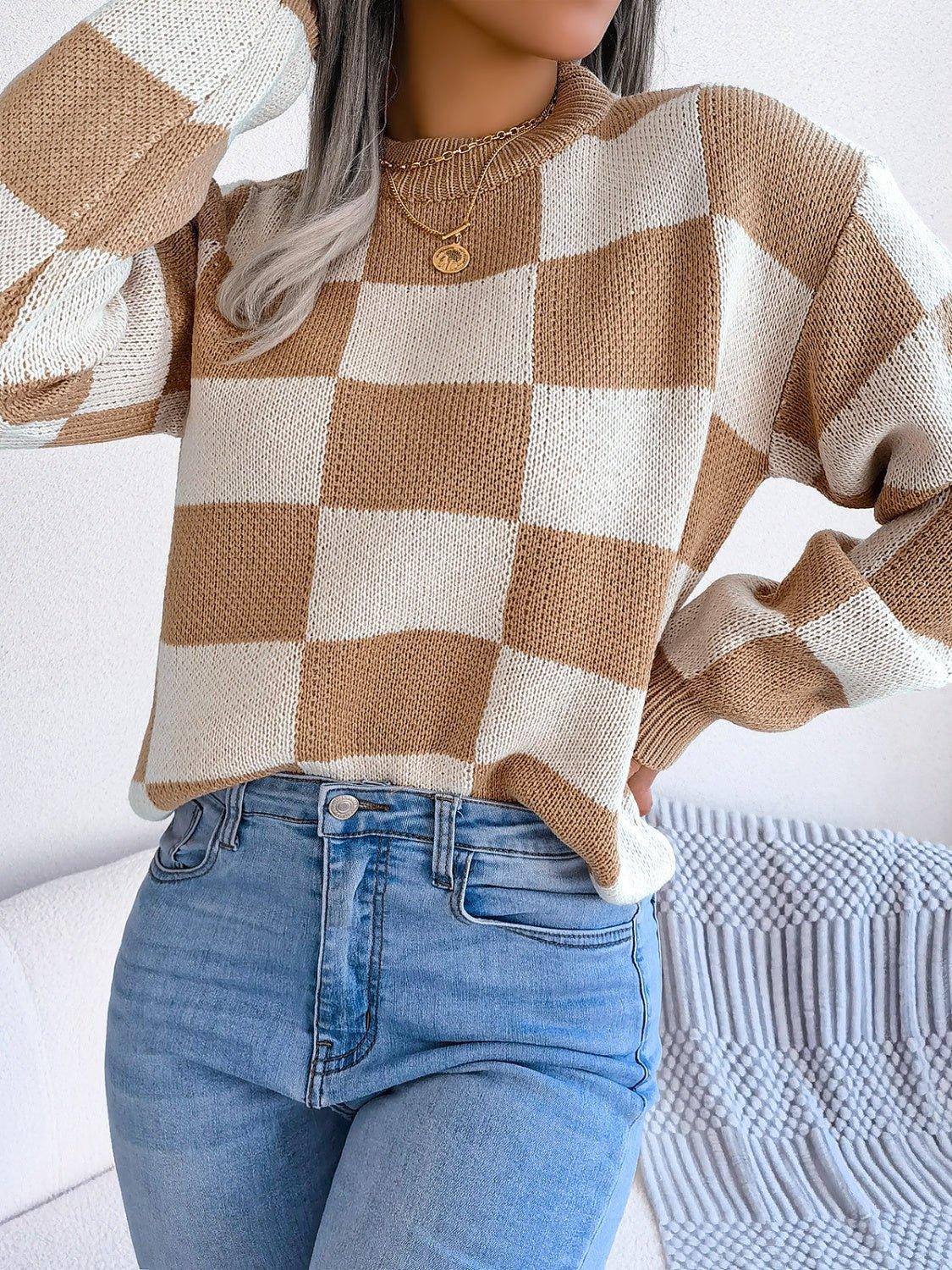 Checkerboard Knit Pullover Sweater - View 12 | WEUXS