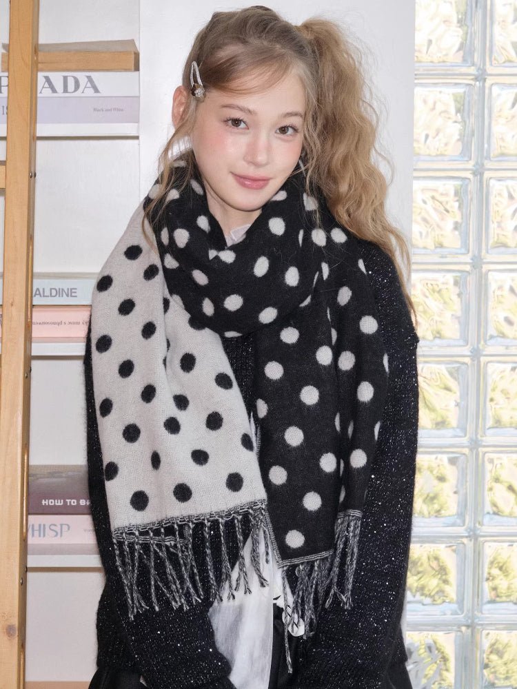 Black White Polka Dot Reversible Oversized Scarf - WEUXS