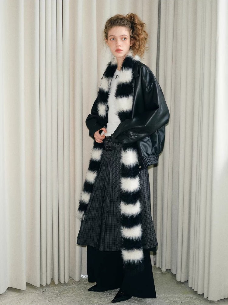 Black White Striped Faux Fur Knit Scarf - WEUXS