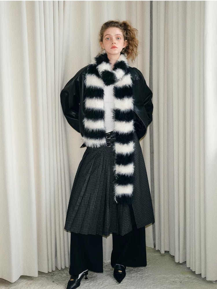 Black White Striped Faux Fur Knit Scarf - WEUXS