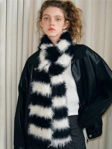 Black White Striped Faux Fur Knit Scarf - WEUXS