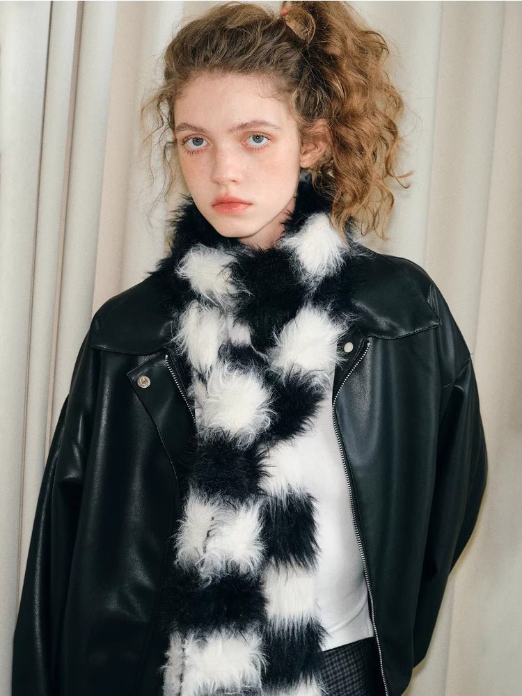 Black White Striped Faux Fur Knit Scarf - WEUXS