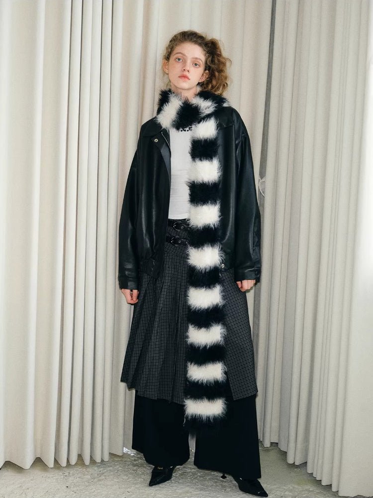 Black White Striped Faux Fur Knit Scarf - WEUXS