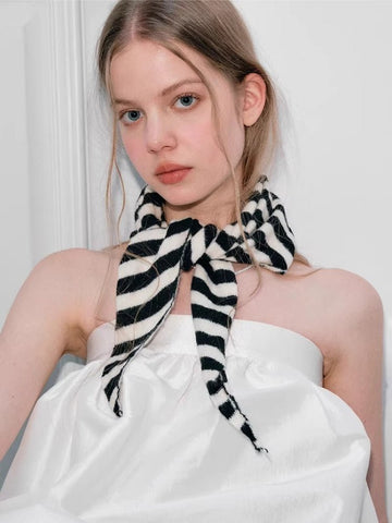Black White Striped Knit Wool Blend Triangle Scarf - WEUXS