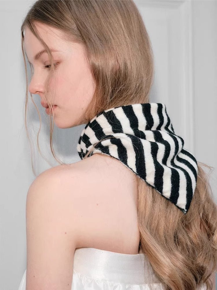 Black White Striped Knit Wool Blend Triangle Scarf - WEUXS