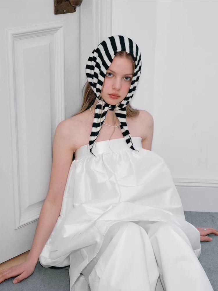 Black White Striped Knit Wool Blend Triangle Scarf - WEUXS
