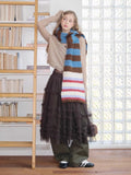 Blue Brown Striped Soft Chunky Knit Scarf - WEUXS