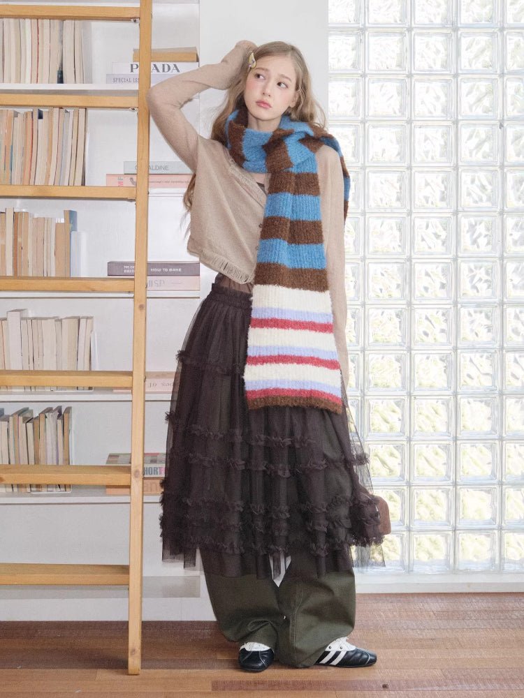 Blue Brown Striped Soft Chunky Knit Scarf - WEUXS