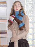 Blue Brown Striped Soft Chunky Knit Scarf - WEUXS