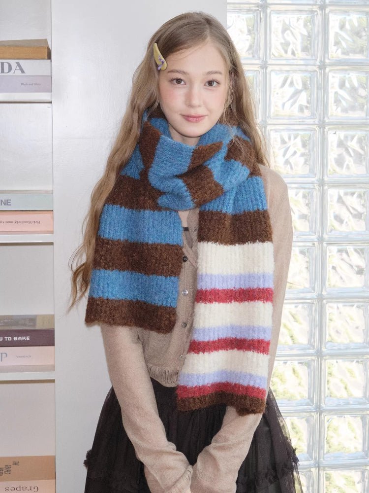Blue Brown Striped Soft Chunky Knit Scarf - WEUXS