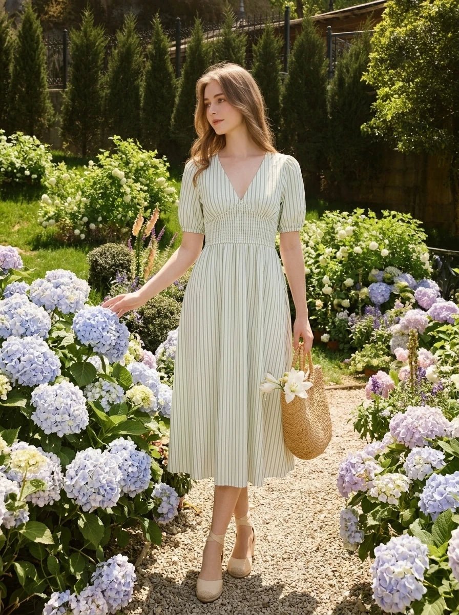 Woman wearing a light green and white striped midi dress with puff sleeves and a smocked waist, walking in a garden with hydrangeas.