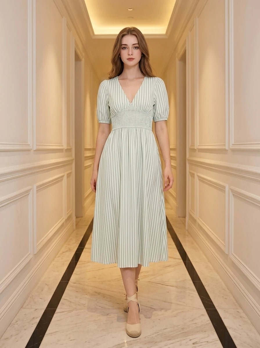 Woman wearing a light green and white striped midi dress with puff sleeves and a smocked waist, standing in a hallway.