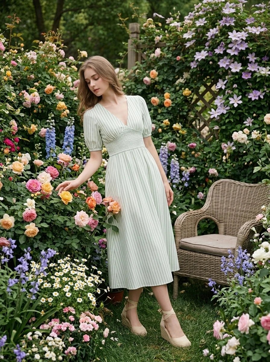 Woman wearing a light green and white striped midi dress with puff sleeves and a smocked waist, posing in a garden with roses.