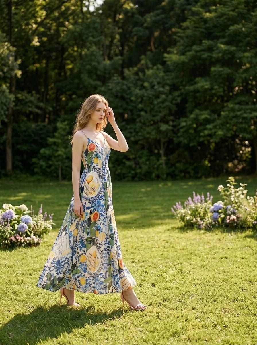 Woman wearing a fruit and floral print maxi dress, standing in a grassy field in a garden setting.