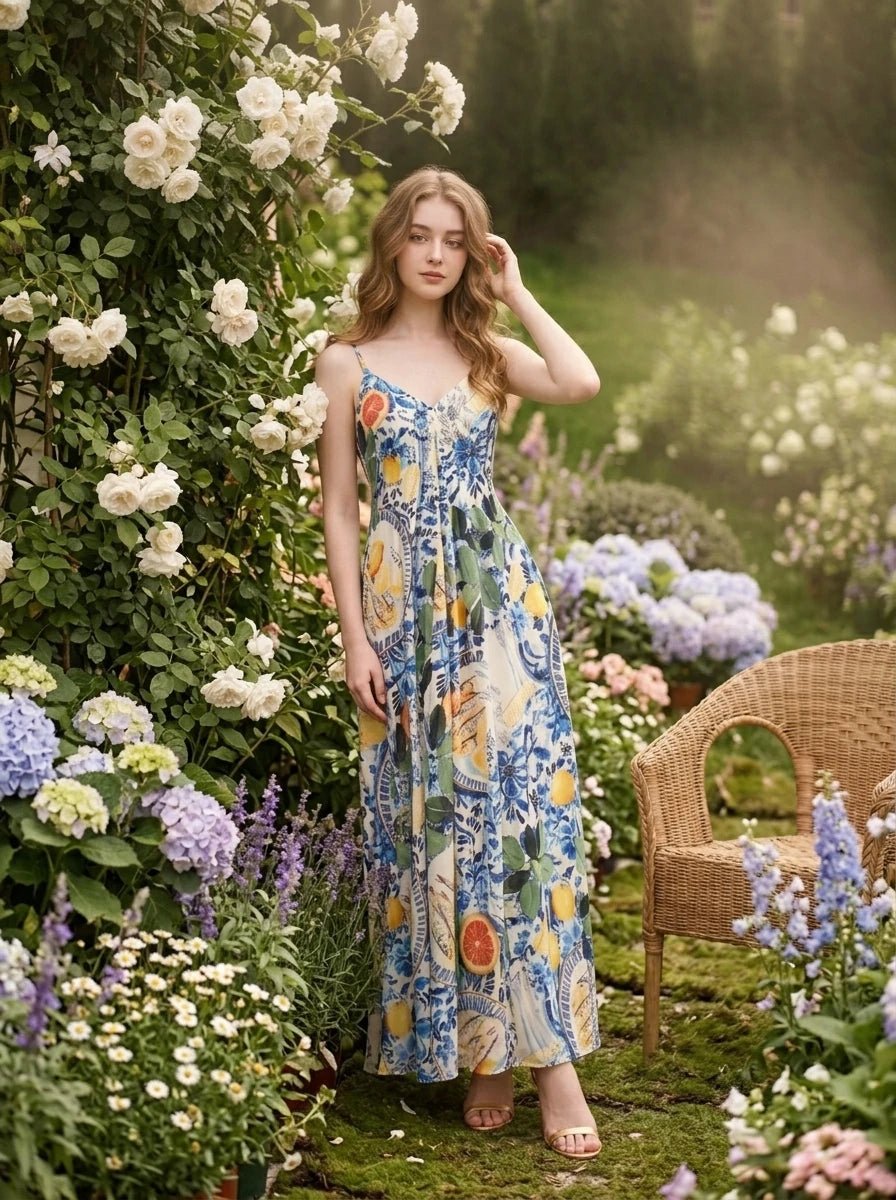 Woman wearing a maxi dress with a fruit and floral print, posing in a garden with white roses.