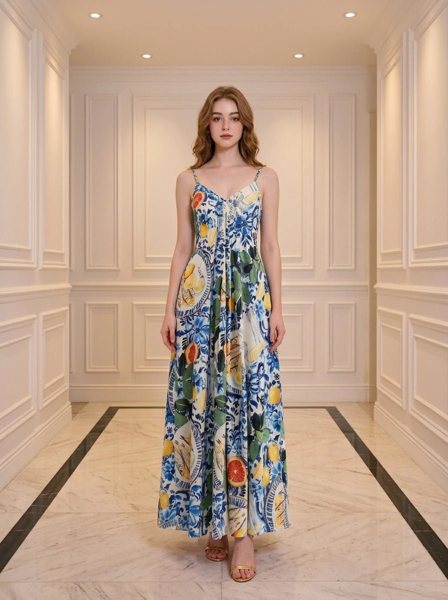 Woman wearing a full-length maxi dress with a colorful fruit and floral print, standing in a hallway.