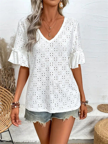 Boho Chic Eyelet V - Neck Top - 12 - 29