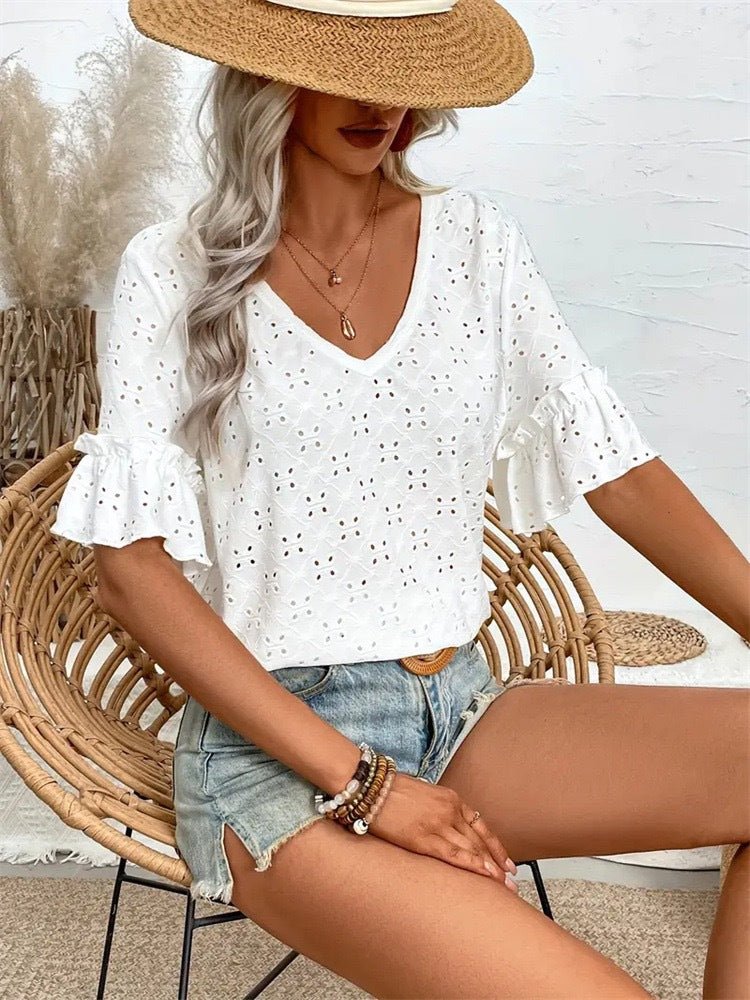 Boho Chic Eyelet V - Neck Top - 12 - 29