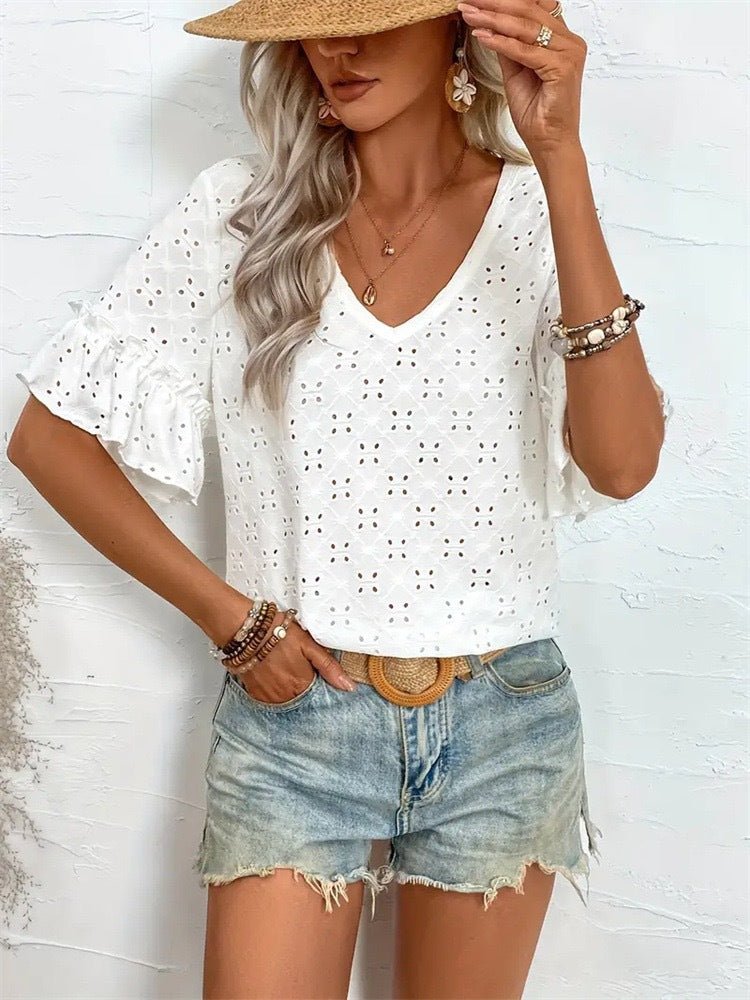 Boho Chic Eyelet V - Neck Top - 12 - 29