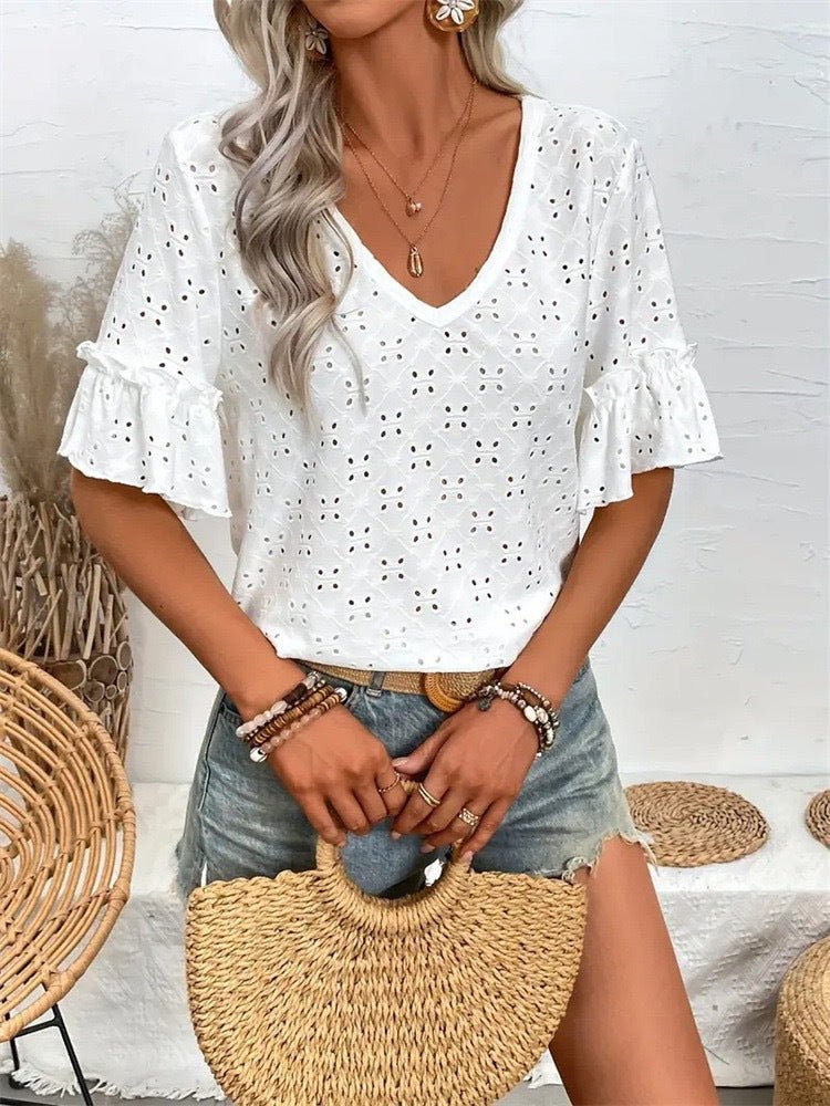 Boho Chic Eyelet V - Neck Top - 12 - 29