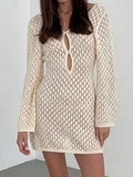 Cream open knit long sleeve mini dress with keyhole neckline