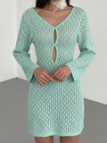 Mint green open knit long sleeve mini dress with keyhole neckline