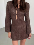 Brown open knit long sleeve mini dress with keyhole neckline