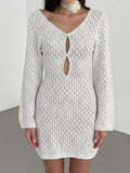 White open knit long sleeve mini dress with keyhole neckline