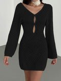 Black open knit long sleeve mini dress with keyhole neckline