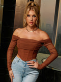 Off Shoulder Ruched Mesh Top - View 28 | WEUXS