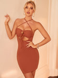 Brown criss cross halter mini dress with drawstring detail - View 6 | WEUXS