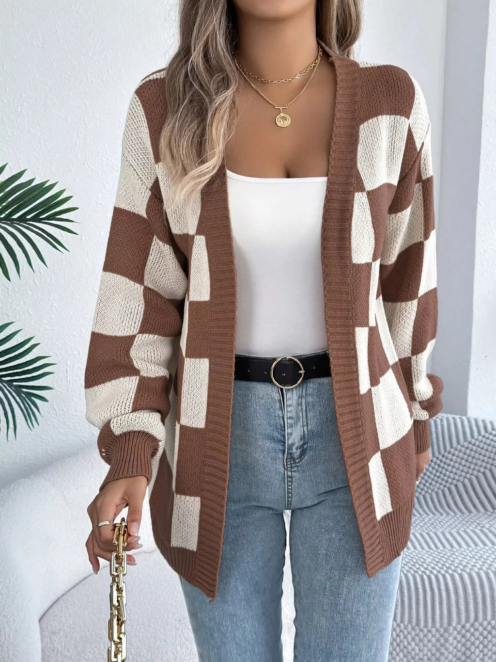 Checkerboard knit cardigan - View 12 | WEUXS