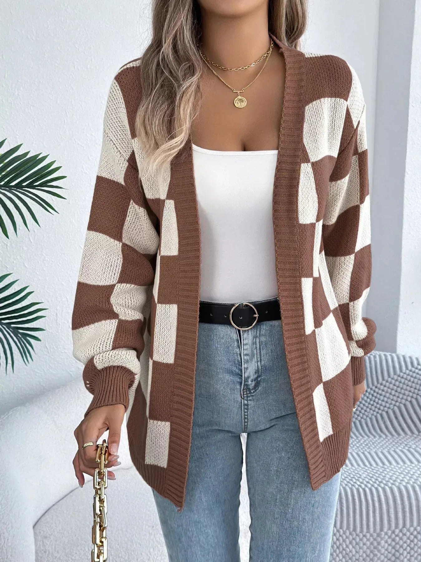 Checkerboard knit cardigan - View 12 | WEUXS