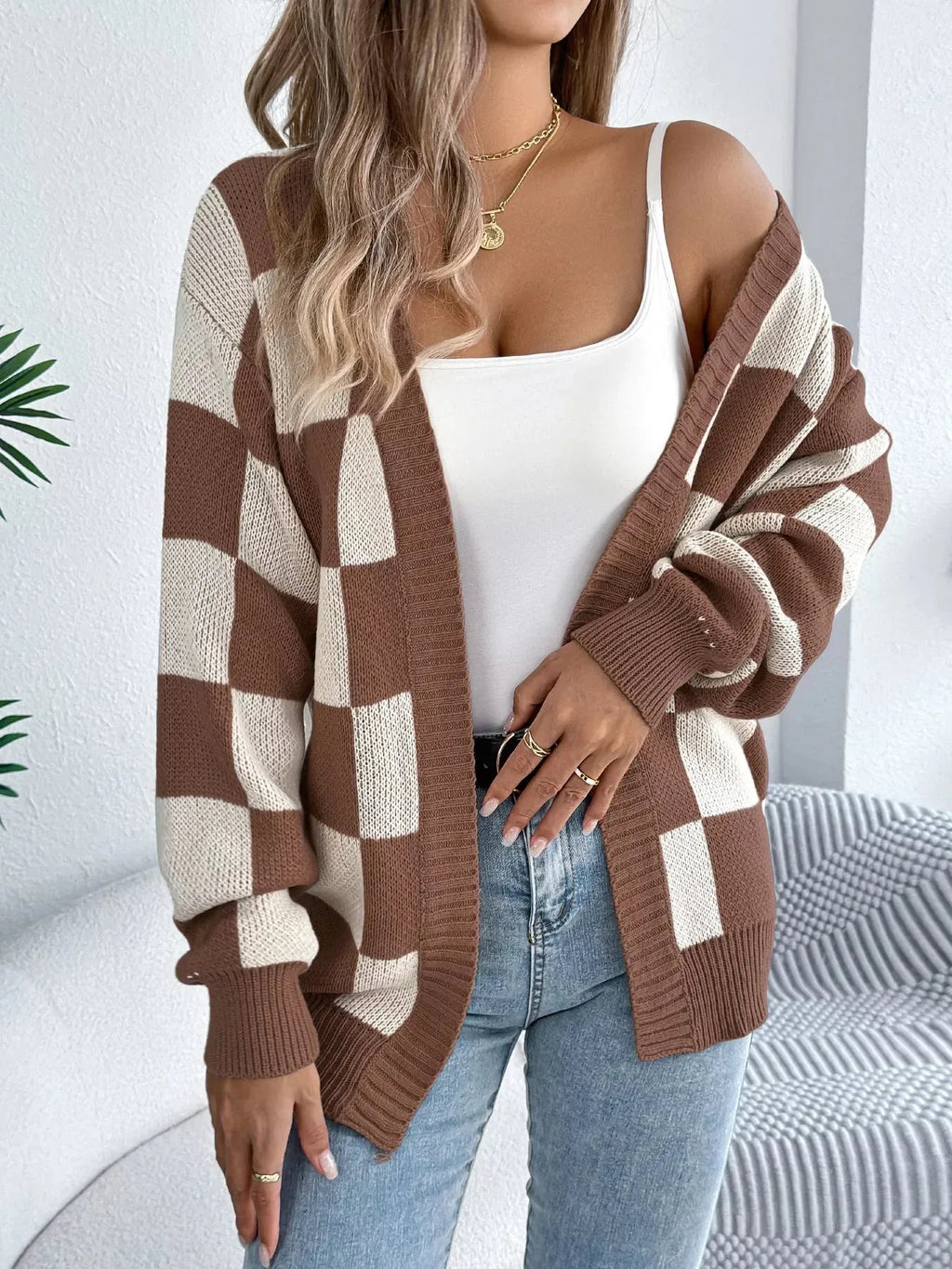 Checkerboard knit cardigan - View 13 | WEUXS