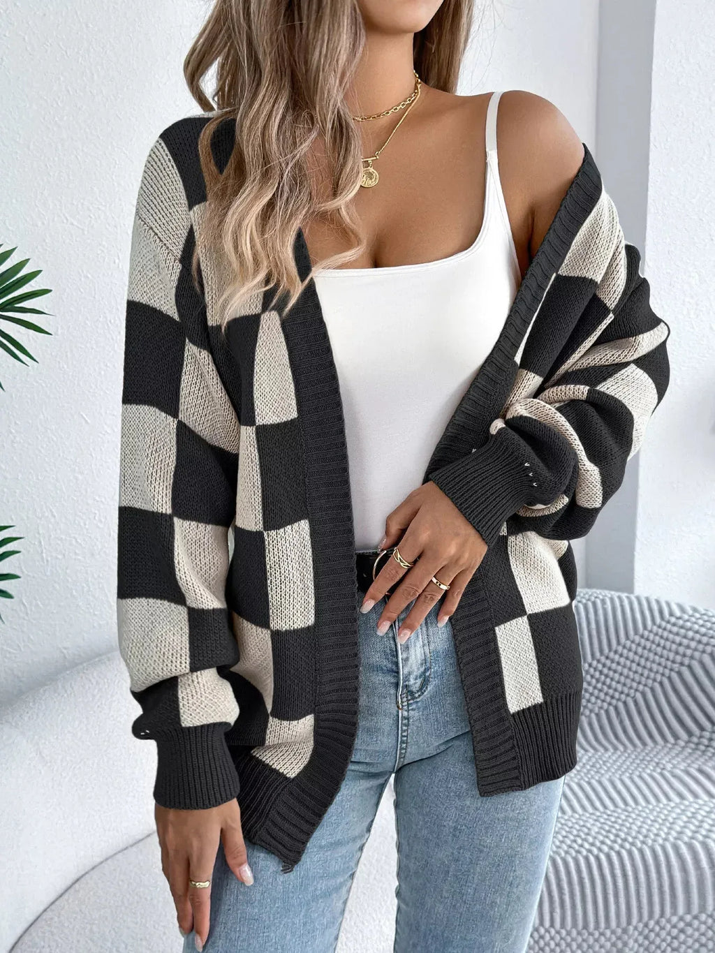 Checkerboard knit cardigan - View 6 | WEUXS