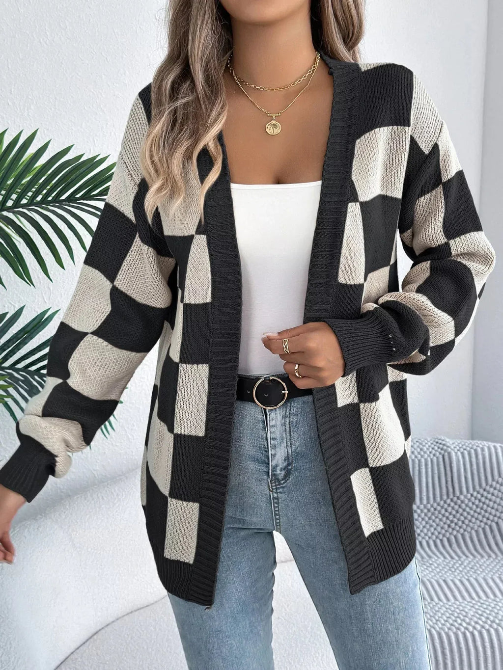 Checkerboard knit cardigan - View 8 | WEUXS