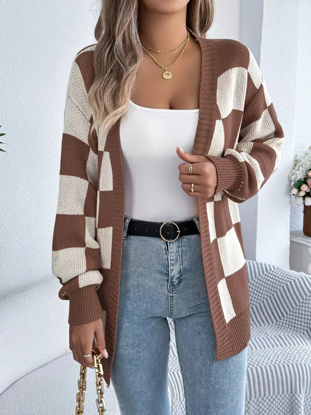Checkerboard knit cardigan - View 11 | WEUXS