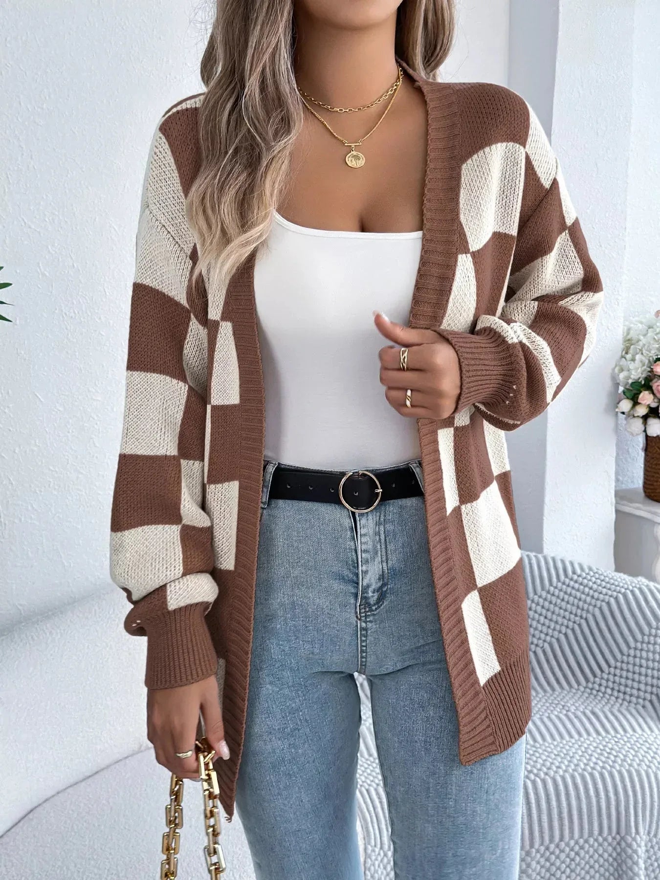 Checkerboard knit cardigan - View 11 | WEUXS