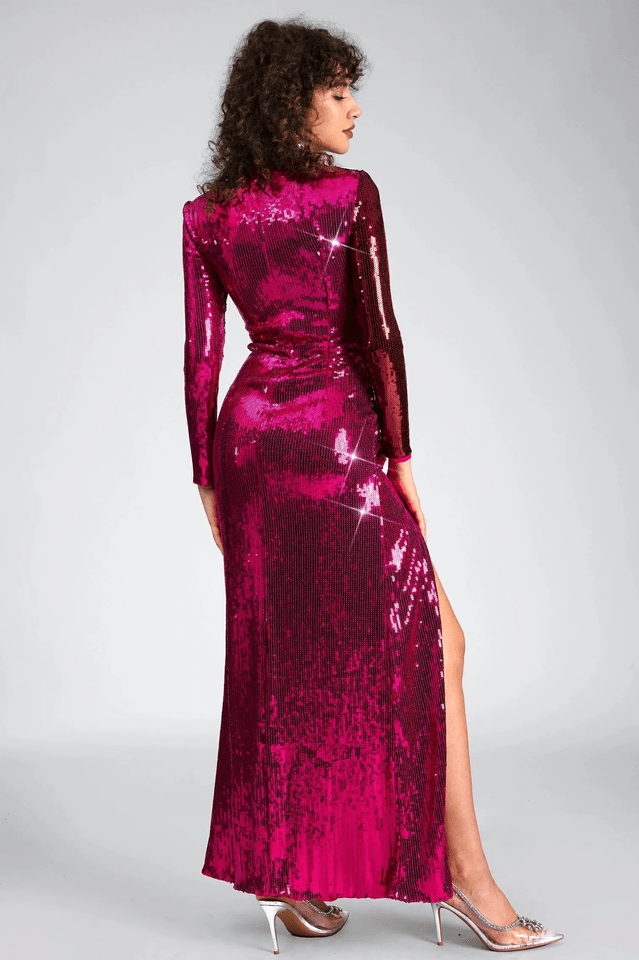 Burgundy Ruched Sequined Maxi Dress - WEUXS