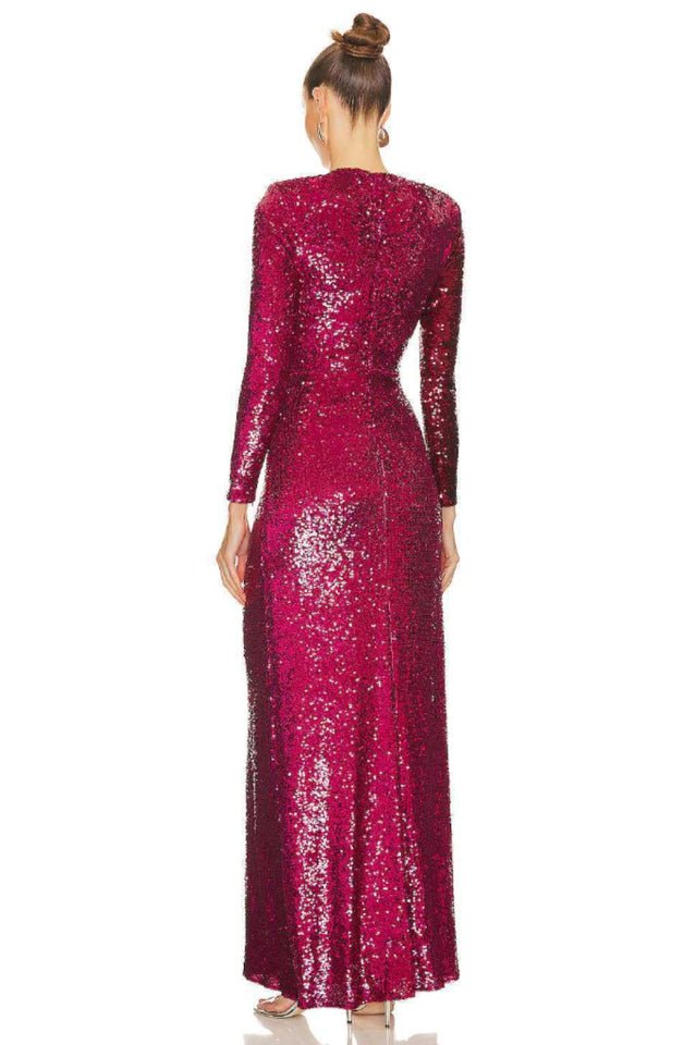 Burgundy Ruched Sequined Maxi Dress - WEUXS