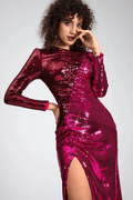 Burgundy Ruched Sequined Maxi Dress - WEUXS