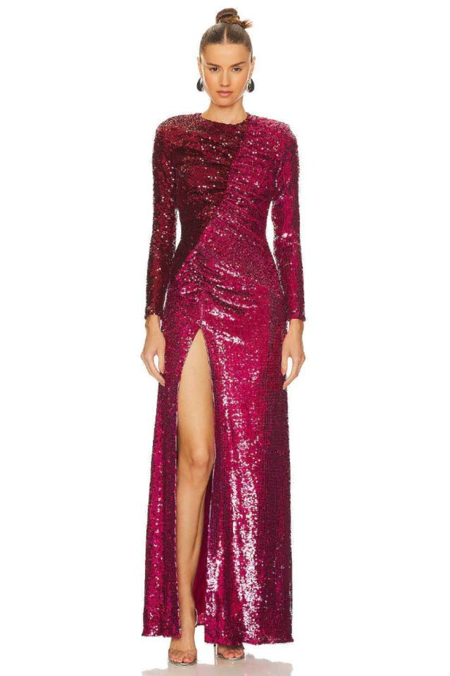 Burgundy Ruched Sequined Maxi Dress - WEUXS