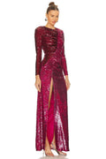 Burgundy Ruched Sequined Maxi Dress - WEUXS